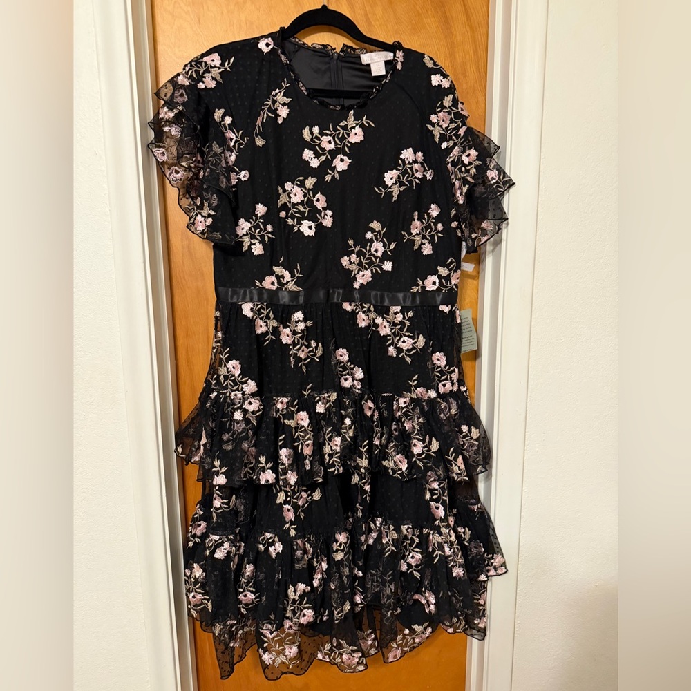 Rachel Parcel Floral RuffleDress - Black and Pink